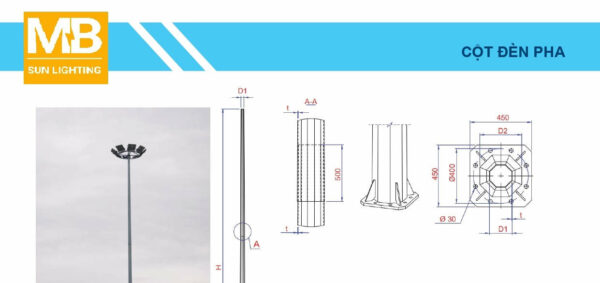 Cột đèn pha bát giác chiếu sáng đường phố 14 - 20m